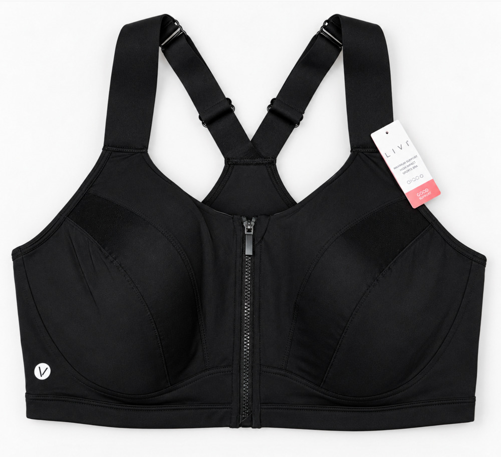 LIVI CACIQUE LANE BRYANT BLACK MAX SUPPORT COMFORT ZIP FRONT SPORTS BRA 42DDD